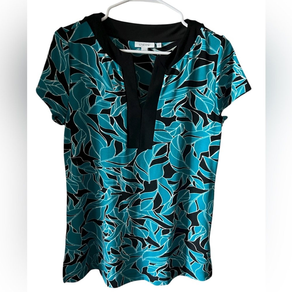 Chico's Vibrant Teal and Black Leaf Print Blouse size 1